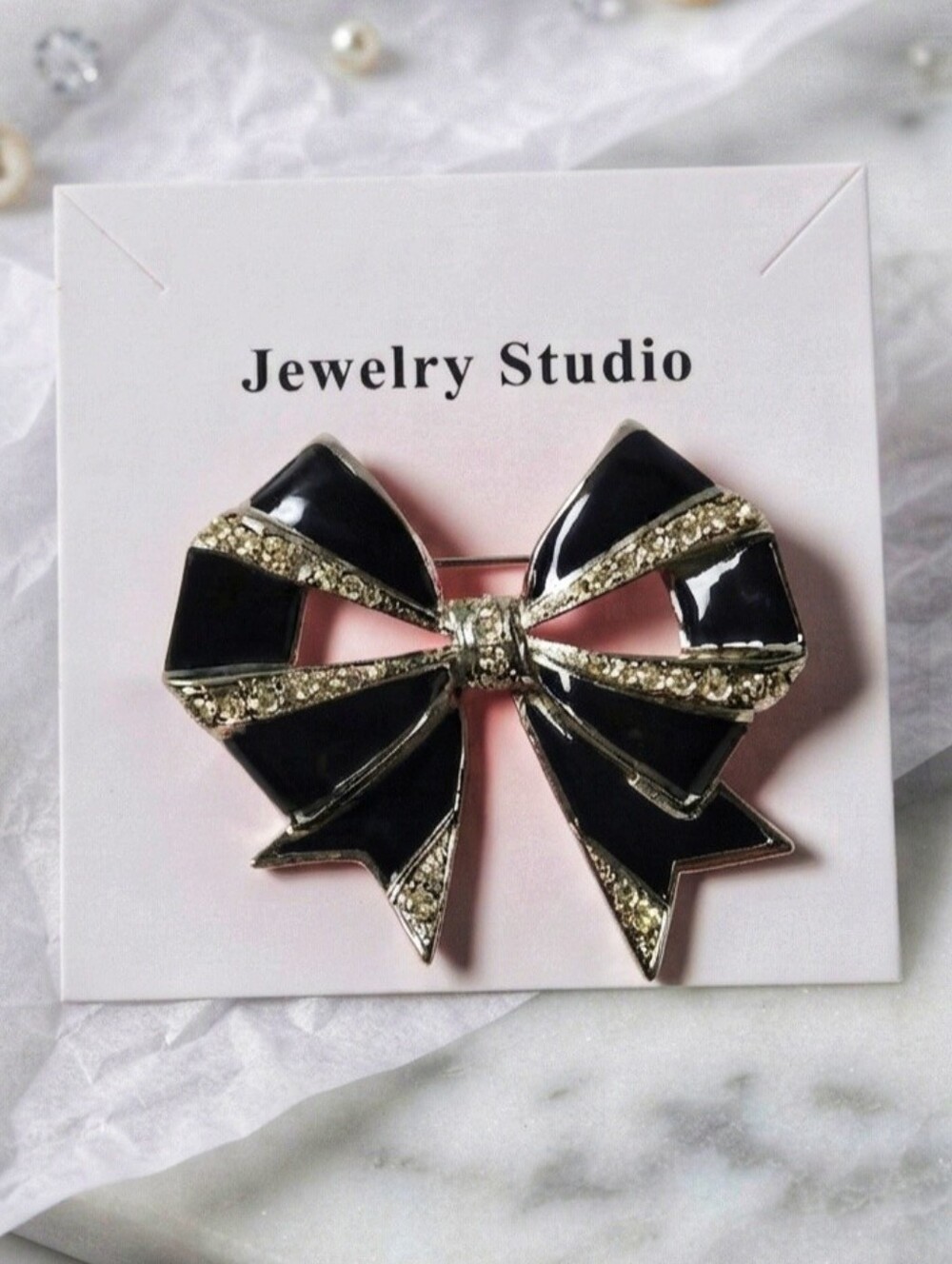 Vintage Black Enamel Bow Brooch with Sparkling Silver Accents Size Large
